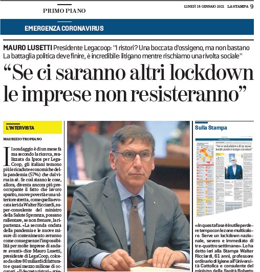 “Se ci saranno altri lockdown le imprese non resisteranno”: l’intervista di Mauro Lusetti a La Stampa