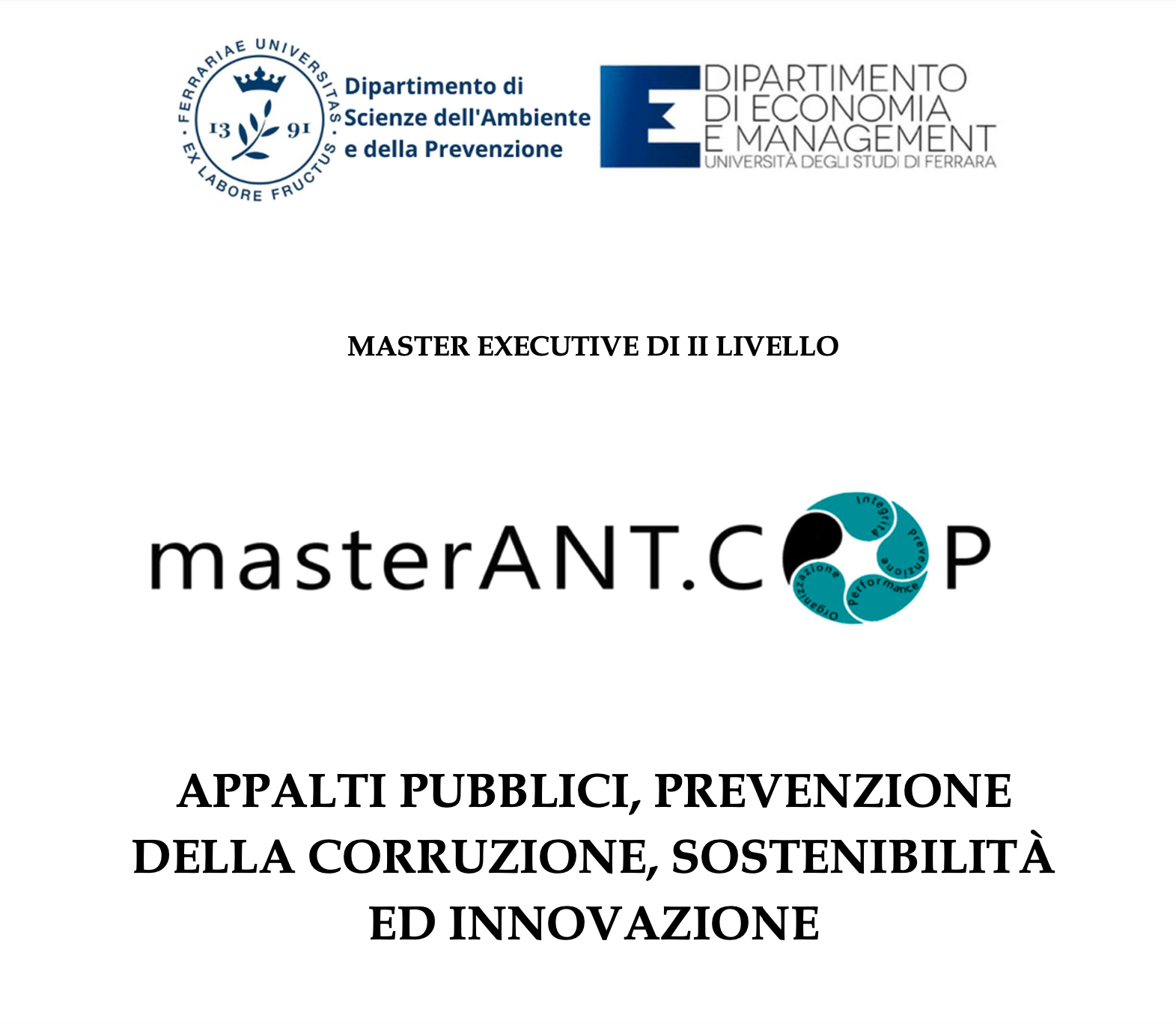 Ant.Cop: iscrizioni fino al 7 aprile per il Master in  Appalti pubblici, prevenzione della corruzione,  sostenibilità e innovazione di Unife