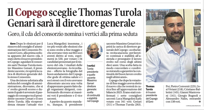 Assemblea Copego: Thomas Turolla eletto presidente. L’uscente Massimo Genari sarà direttore generale