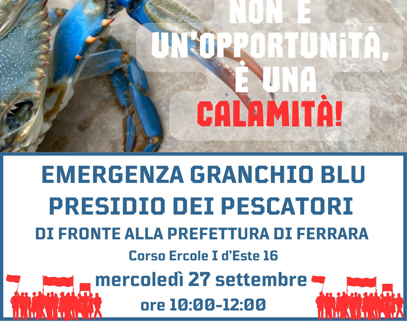 Emergenza granchio blu: il 27 settembre presidio davanti alla Prefettura di Ferrara