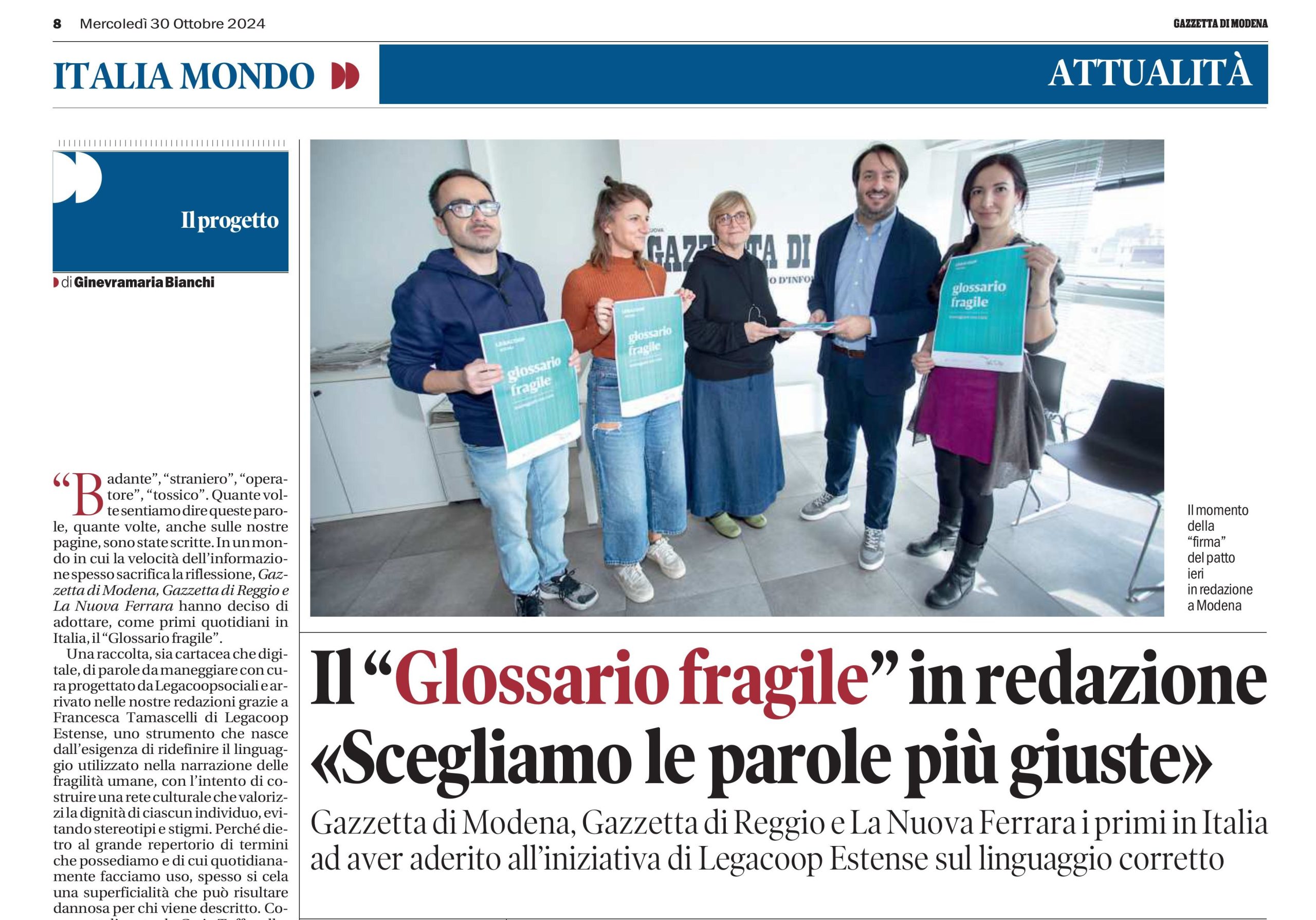 Glossario Fragile: Gazzetta di Modena, Nuova Ferrara e Gazzetta di Reggio adottano lo strumento ideato da Legacoopsociali